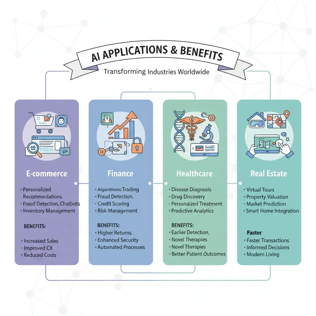 AI applications and their benefits across E-commerce, Finance, Healthcare, and Real Estate.
