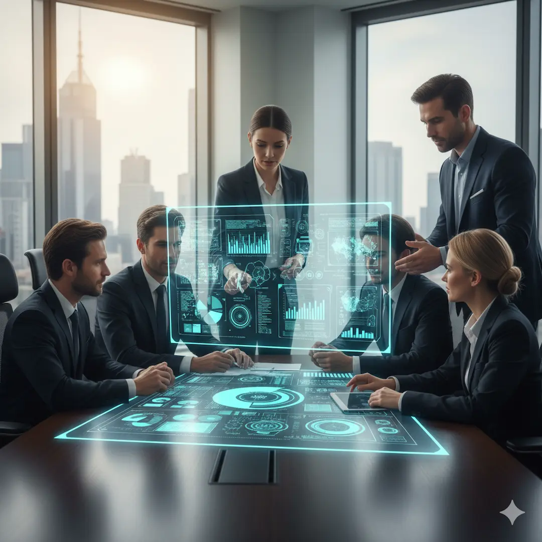 Diverse business professionals collaborating with AI charts and data visualizations