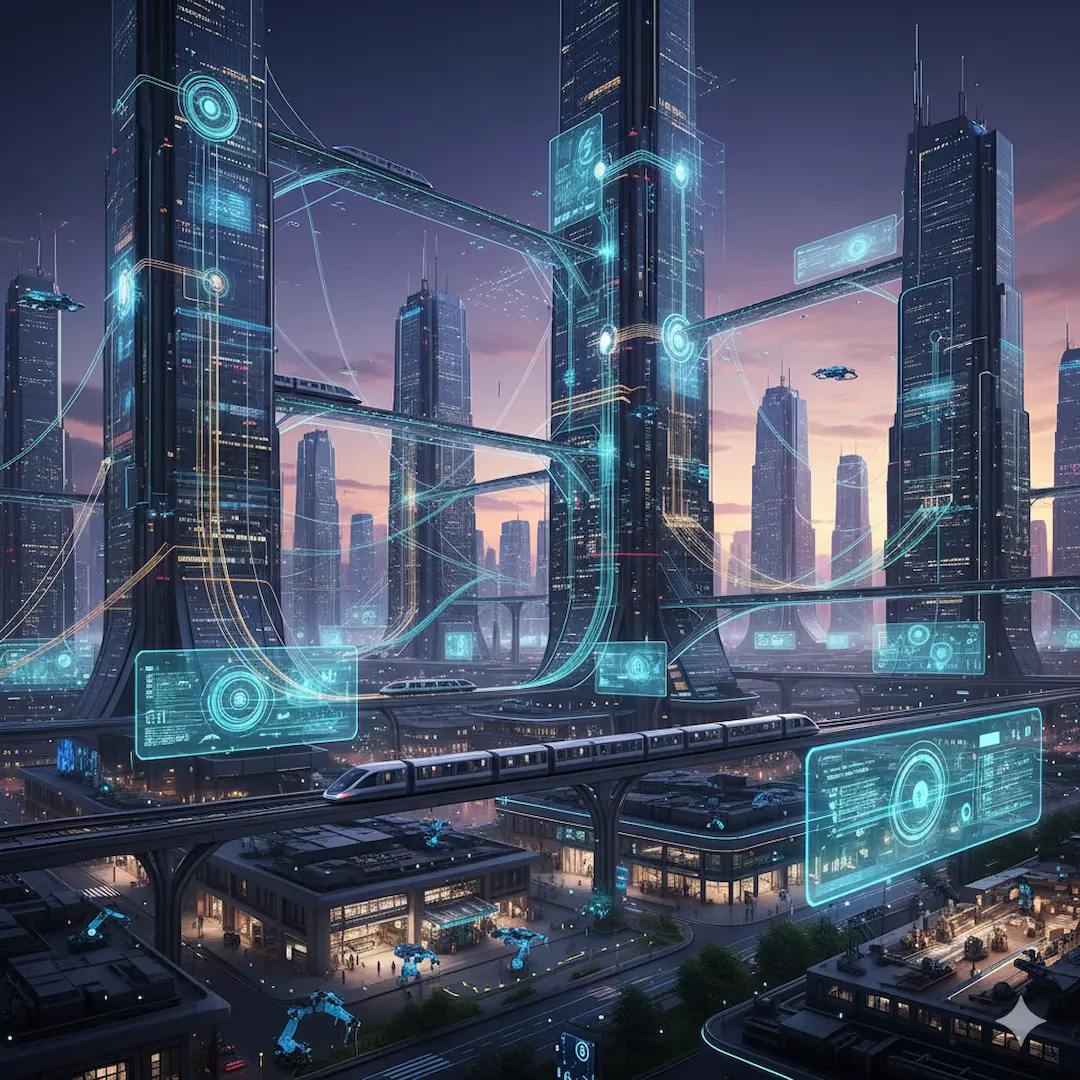 Futuristic cityscape with data flows and automated systems